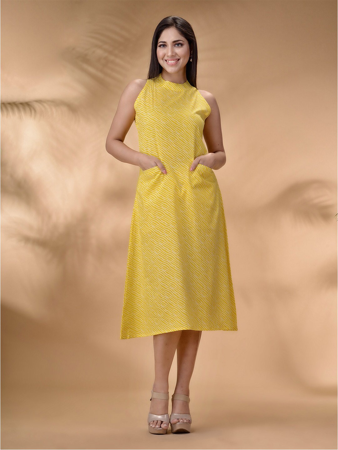 

Disli Stripped Printed Cotton A-Line Midi Dress, Yellow