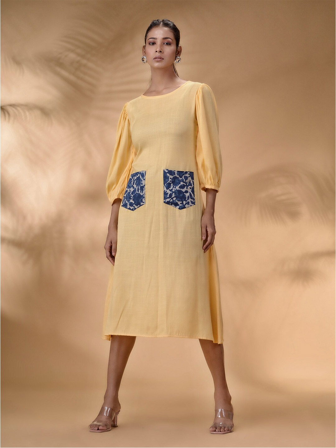 

Disli Puff Sleeves A-Line Midi Cotton Dress, Yellow