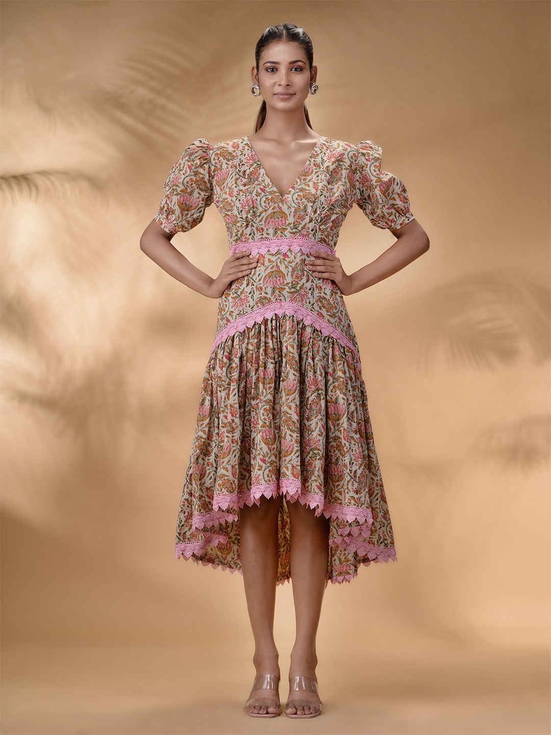 

Disli Floral Printed Puff Sleeves Fit & Flare Midi Cotton Dress, Cream