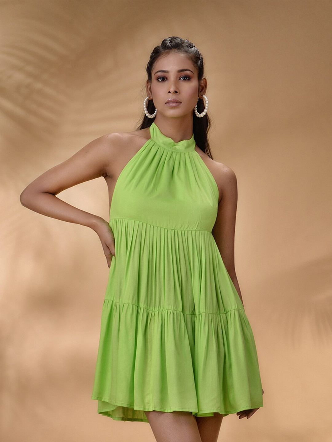 

Disli Tiered Detailed Halter Neck Cotton A-Line Dress, Fluorescent green