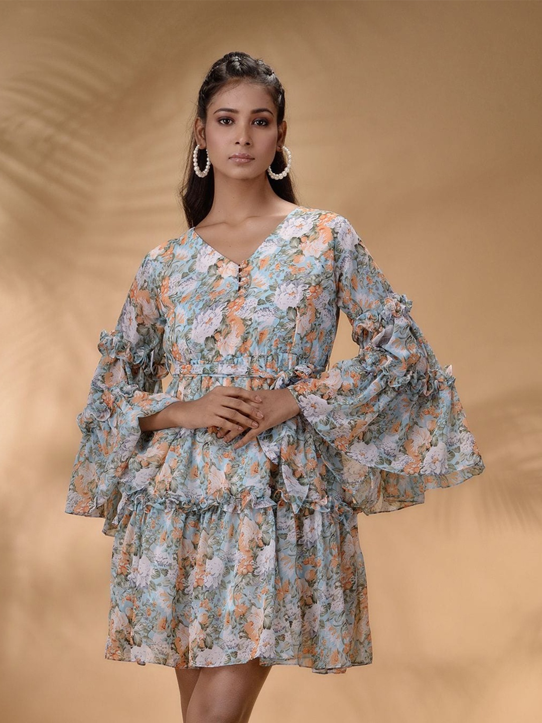 

Disli Floral Printed V-Neck Bell Sleeves Ruffled Tie-Up A-Line Dress, Blue
