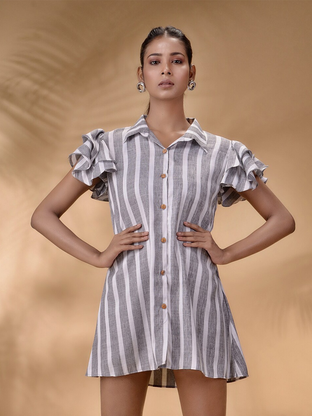

Disli Grey Striped Flutter Sleeve Shirt Mini Dress