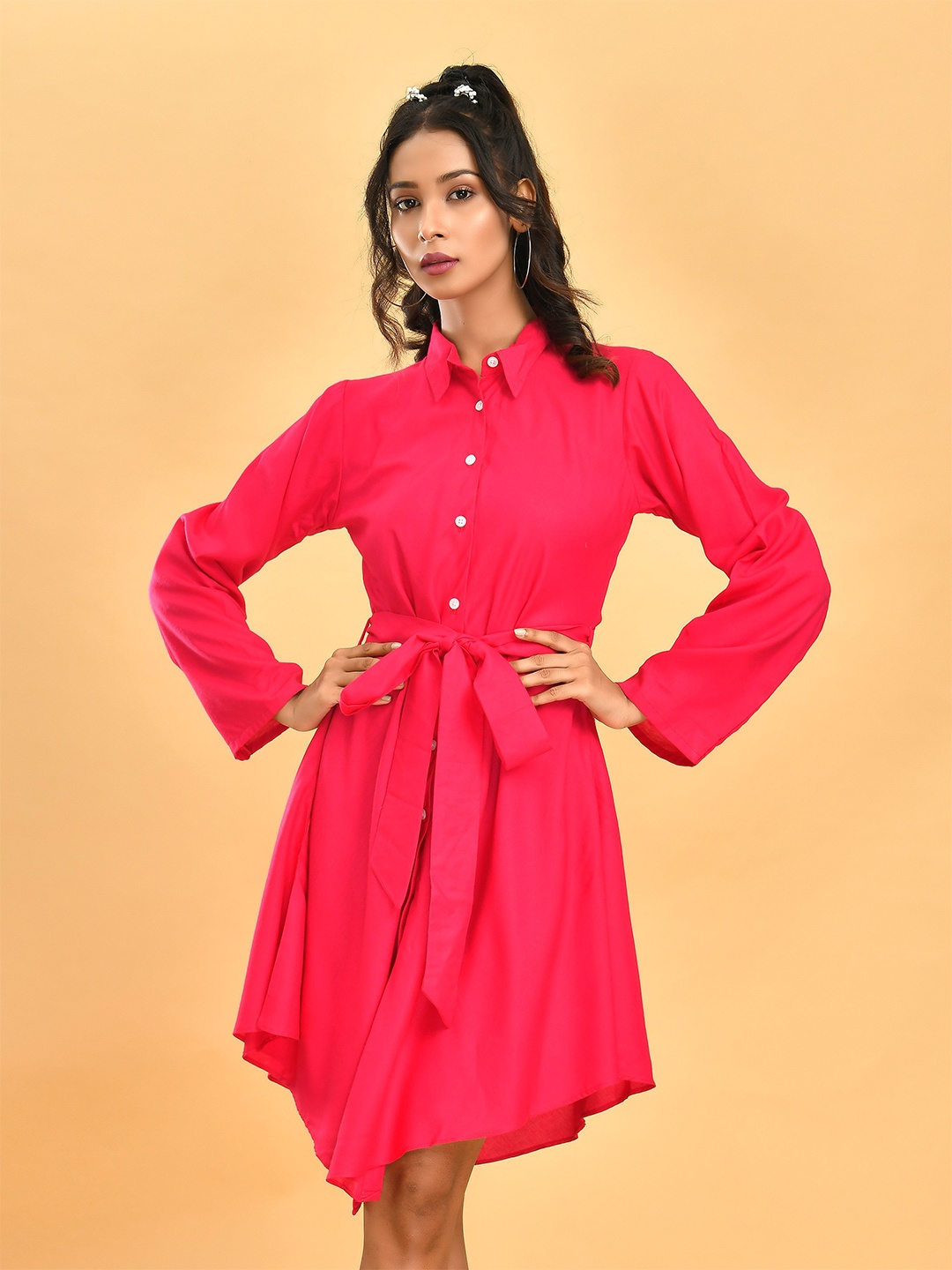 

Disli Shirt Collar Fit & Flare Dress, Pink