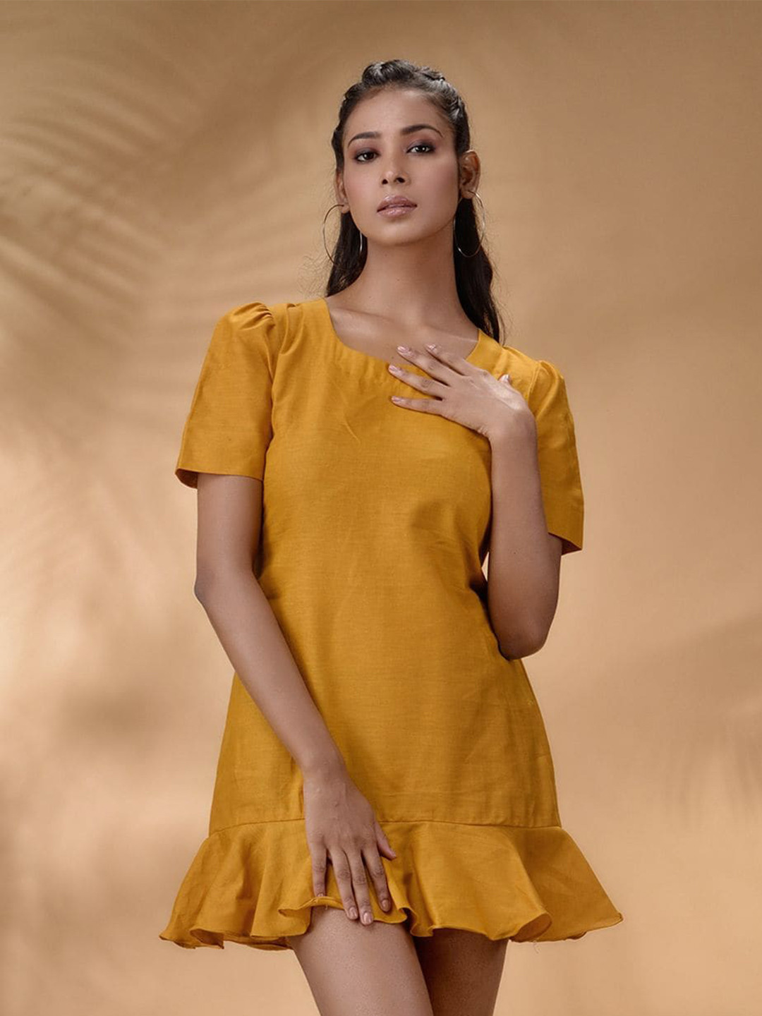 

Disli Puff Sleeves Cotton A-Line Mini Dress, Yellow