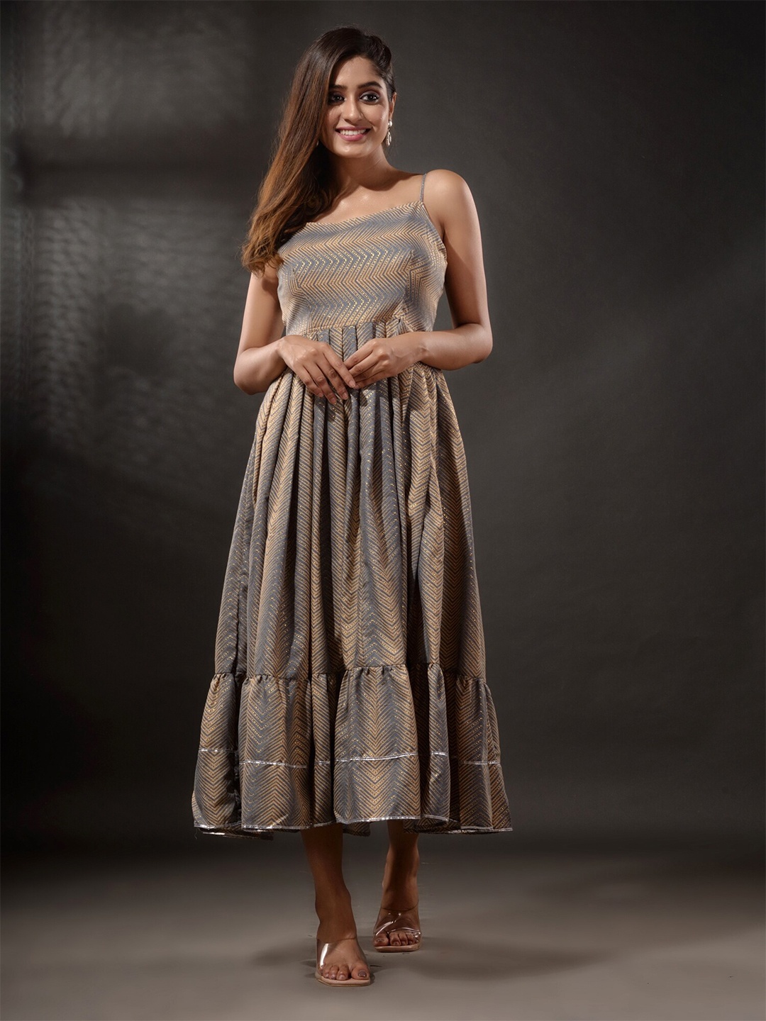 

Disli Chevron Printed Shoulder Strap Cotton Fit & Flare Dress, Grey