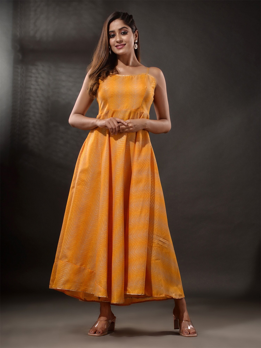 

Disli Chevron Printed Shoulder Straps Cotton A-Line Ethnic Dress, Yellow