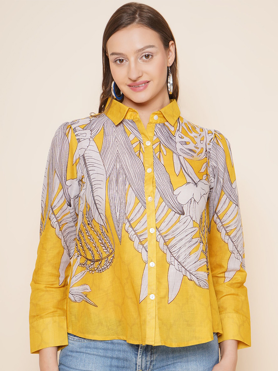 

Bhama Couture Floral Printed Cotton Shirt Style Top, Yellow