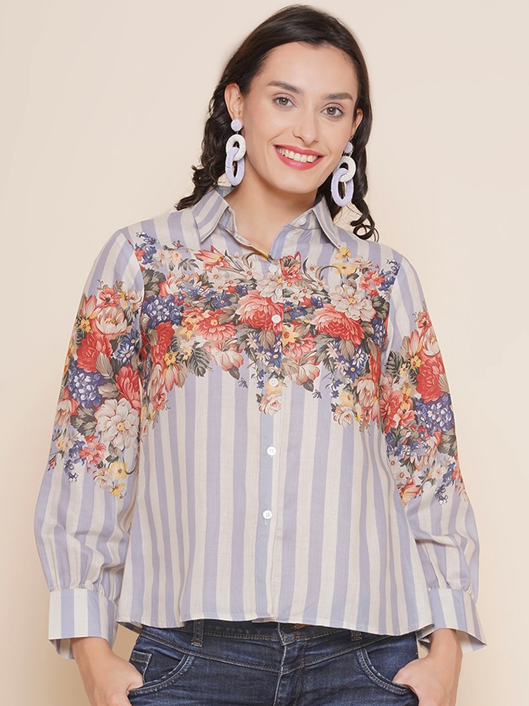 

Bhama Couture Floral Printed Cotton Shirt Style Top, Grey