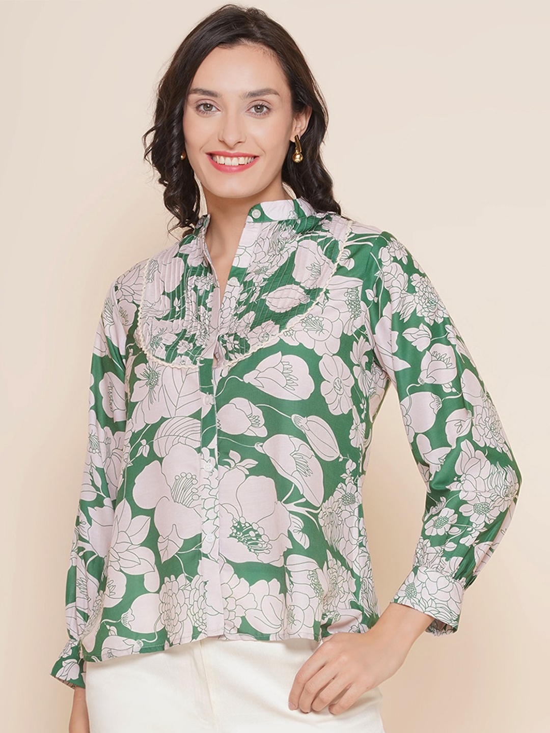 

Bhama Couture Floral Print Mandarin Collar Shirt Style Top, Green