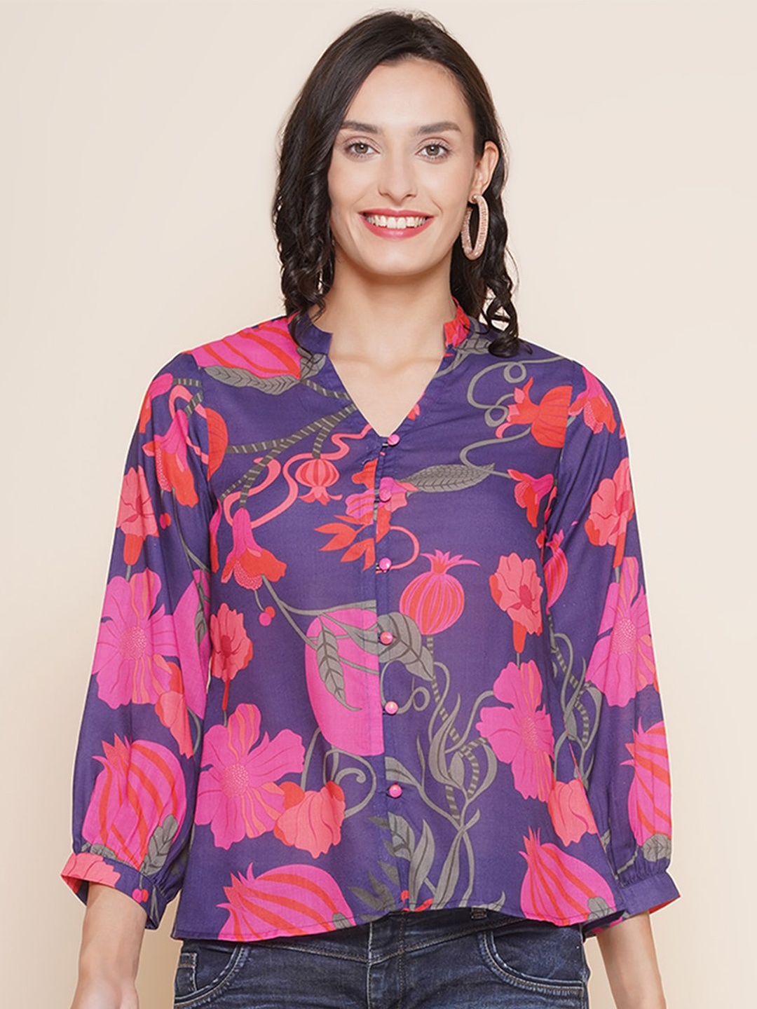 

Bhama Couture Floral Printed Mandarin Collar Cotton Shirt Style Top, Purple