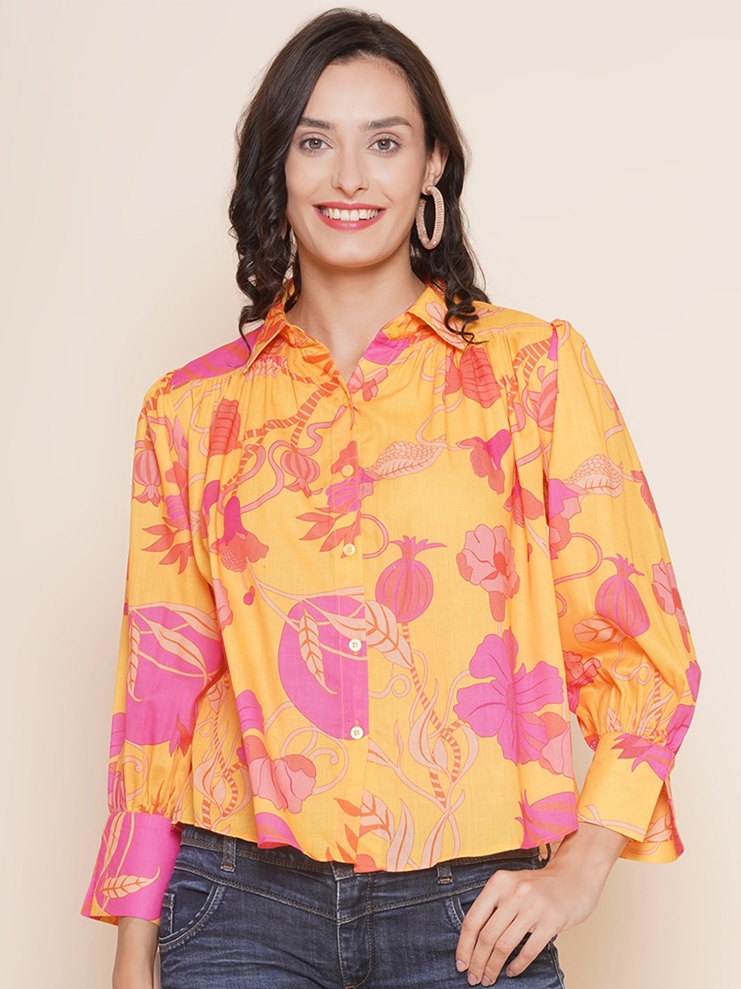 

Bhama Couture Floral Printed Cotton Shirt Style Top, Yellow