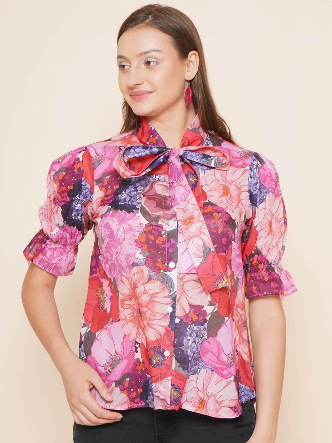 

Bhama Couture Floral Printed Puff Sleeve Shirt Style Top, Pink