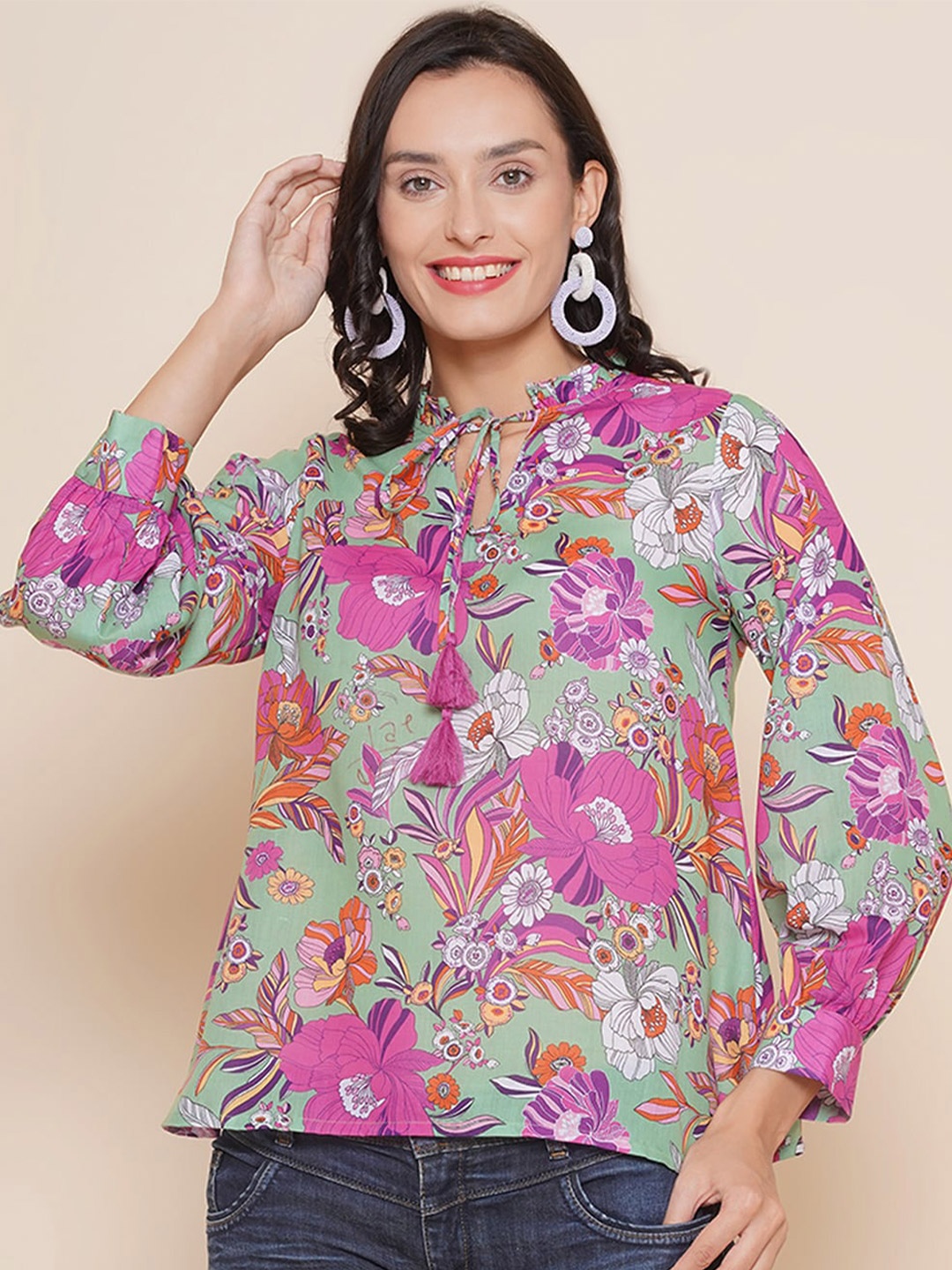 

Bhama Couture Floral Printed Tie-Up Neck Cuffed Sleeves Ruffles Cotton Top, Green