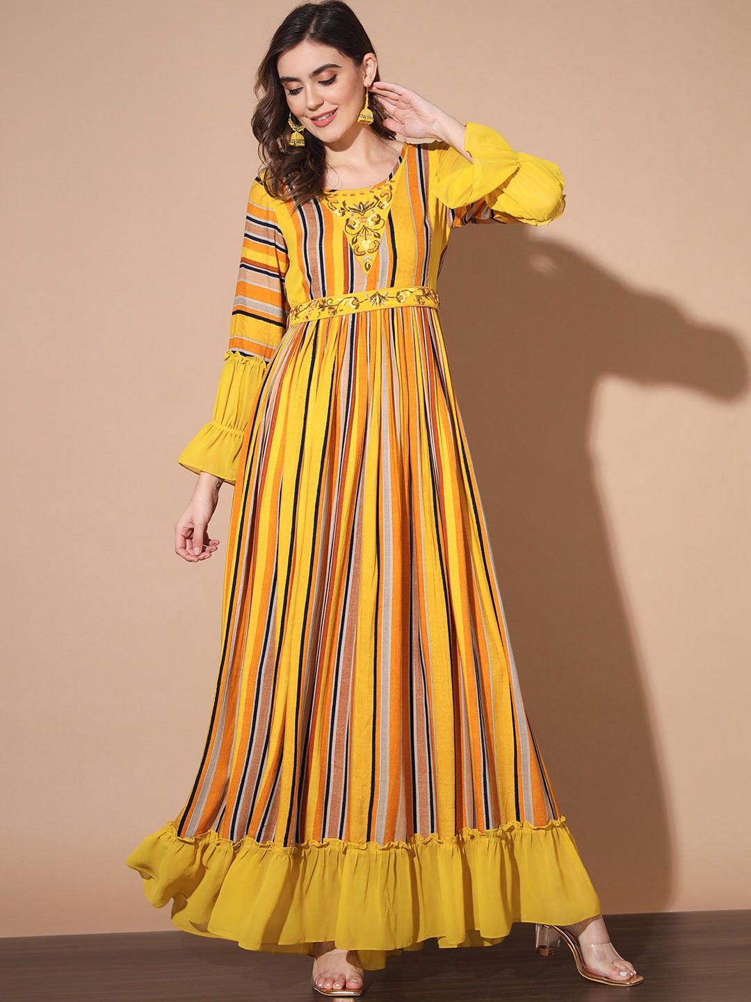 

MADHURAM Striped Round Neck Embroidered Detailed Maxi Ethnic Dress, Yellow