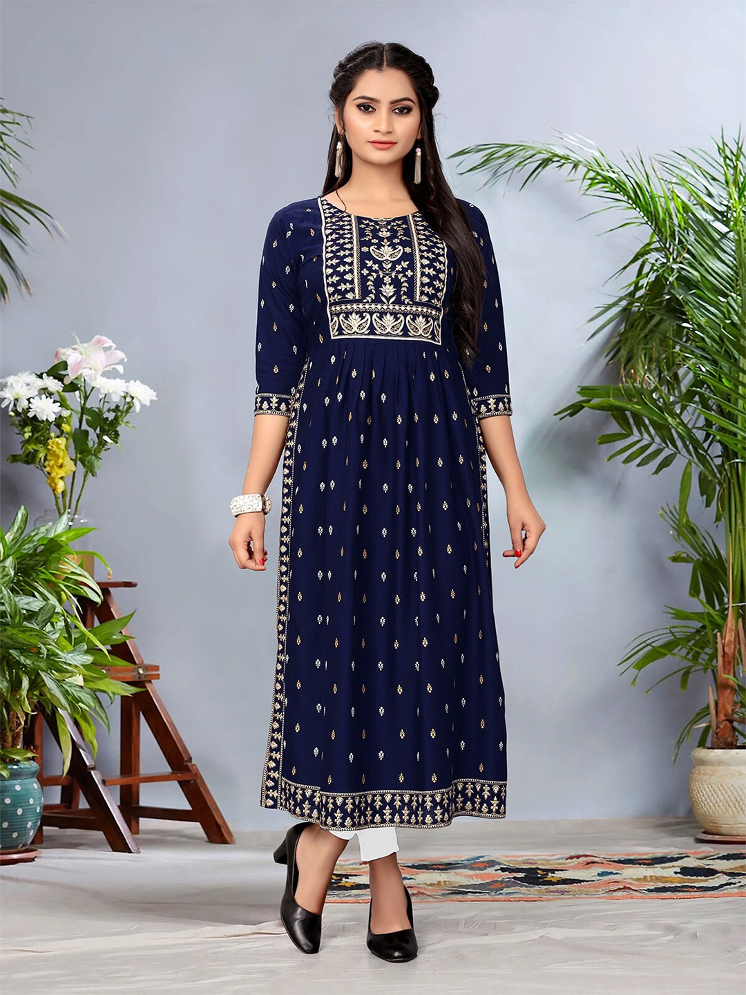 

N N ENTERPRISE Ethnic Motifs Embroidered A-Line Kurta, Blue