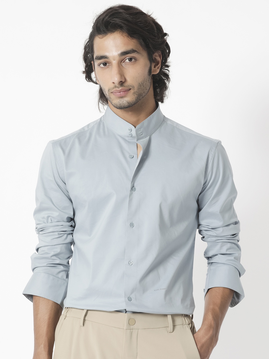 

RARE RABBIT Men Coxx Blue Slim Fit Band Collar Shirt