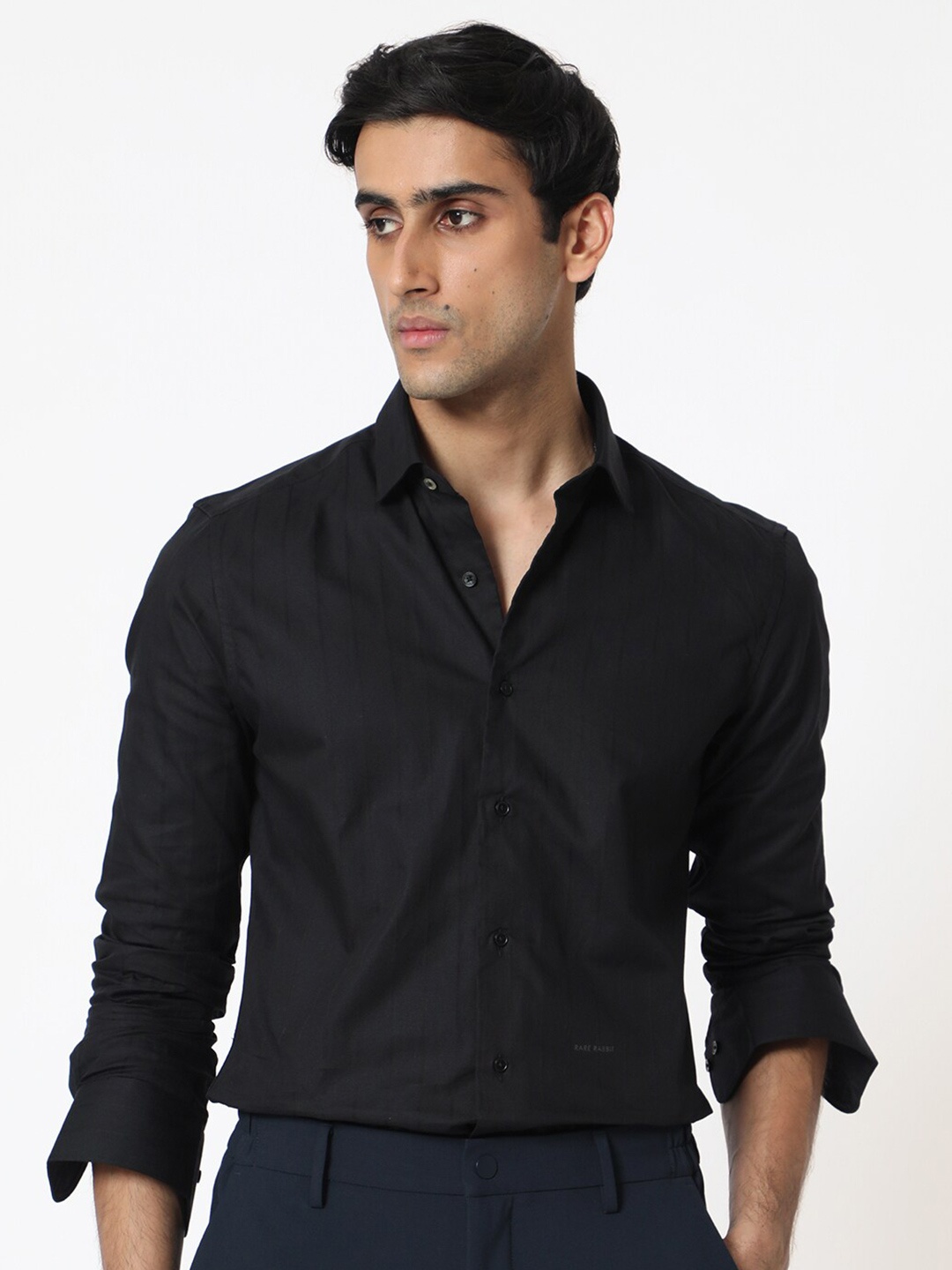 

RARE RABBIT Men Gazan Black Slim Fit Vertical Stripes Cotton Shirt