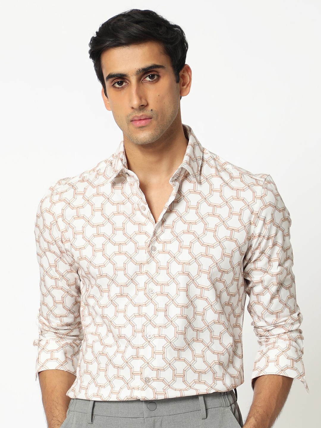 

RARE RABBIT Men Rhone Blue Slim Fit Geometric Printed Shirt, Beige
