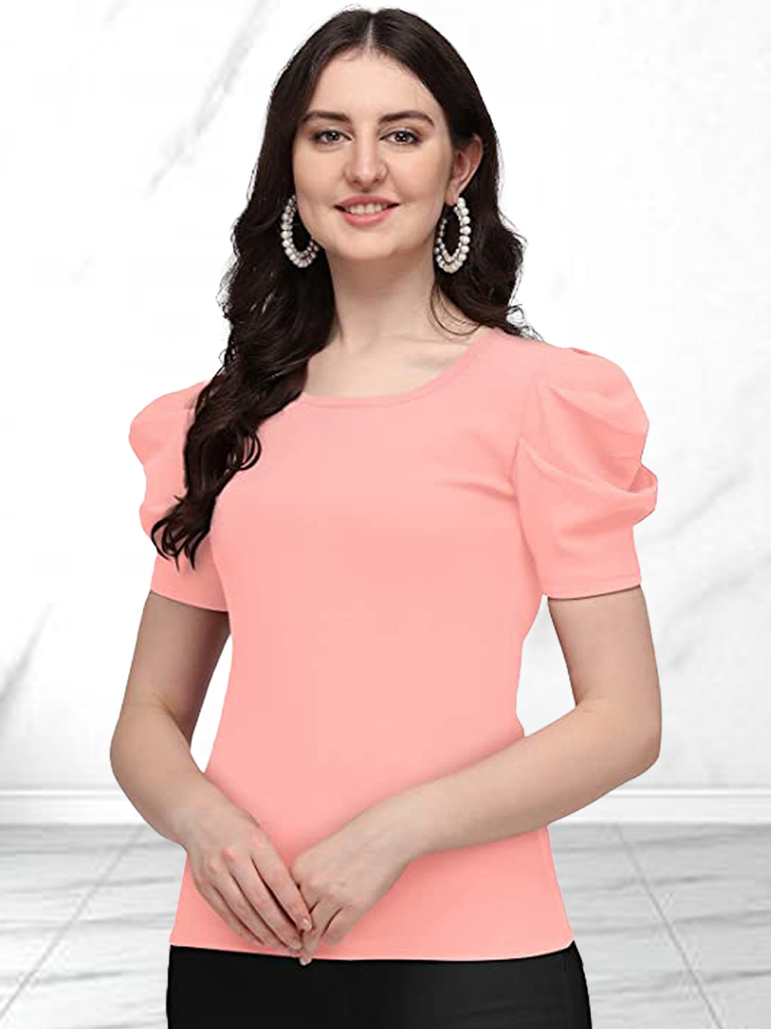 

N N ENTERPRISE Round Neck Puff Sleeves Regular Top, Peach