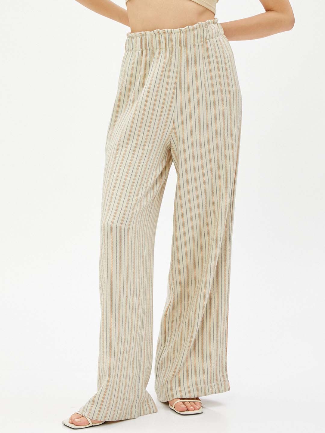 

Koton Women Mid Rise Striped Parallel Trousers, Beige