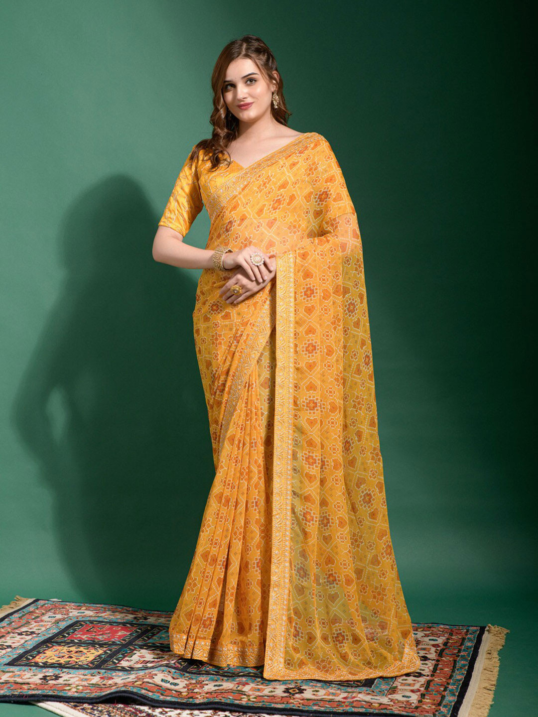 

GAJARAI Bandhani Embroidered Patola Saree, Yellow