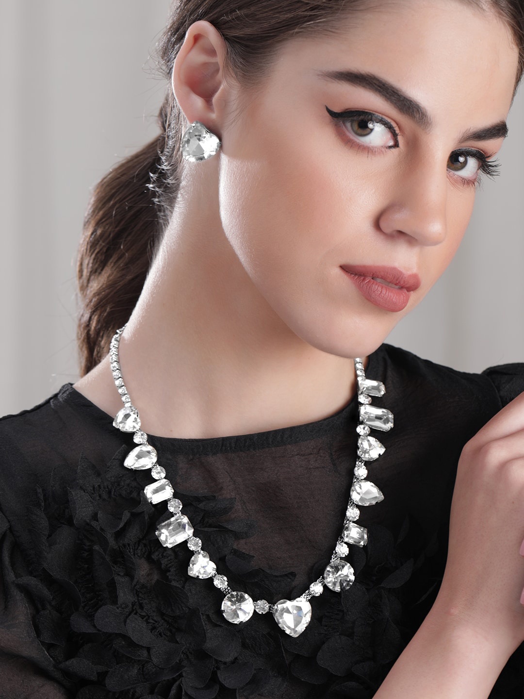 

Rubans Voguish Rhodium-Plated Crystal Studded Jewellery Set, Silver