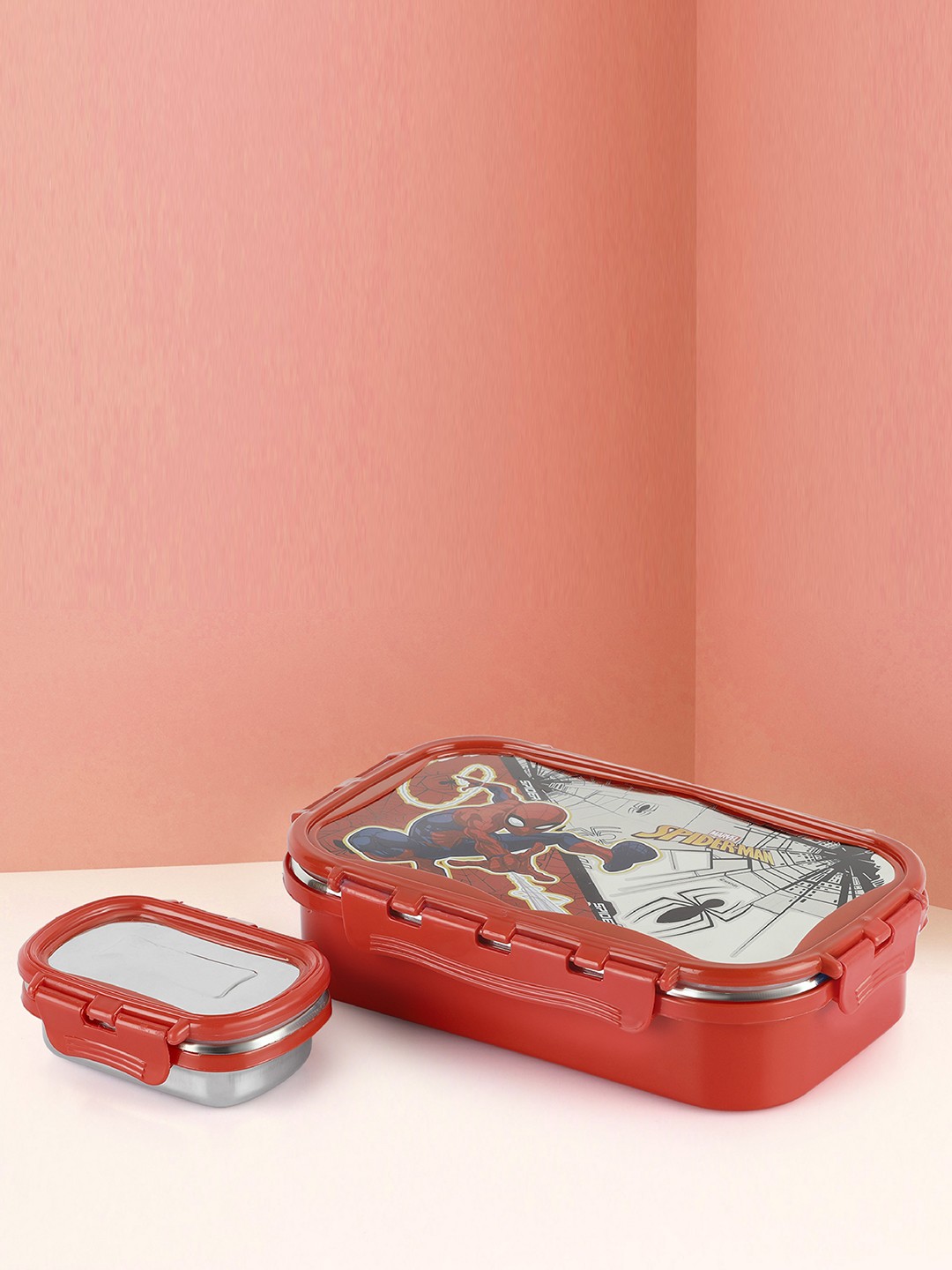 

Cello Thermo Click Red Spider Man Printed Stainless Steel Break Resistant Lunch Box-1024ml