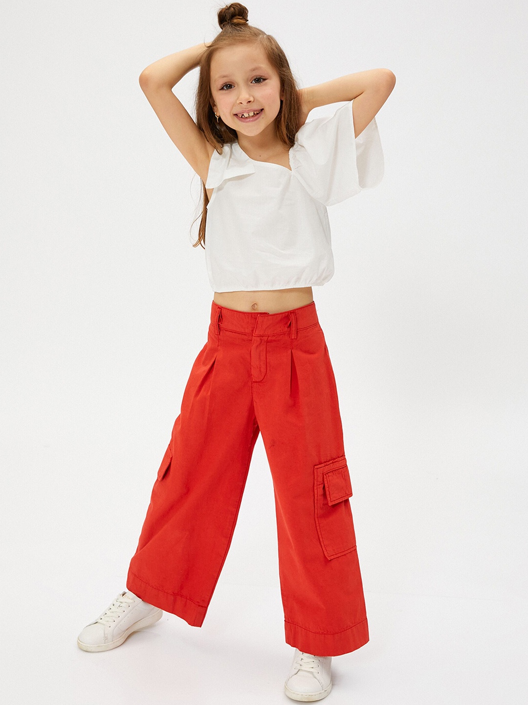 

Koton Girls Pleated Pure Cotton Cargo Trousers, Red