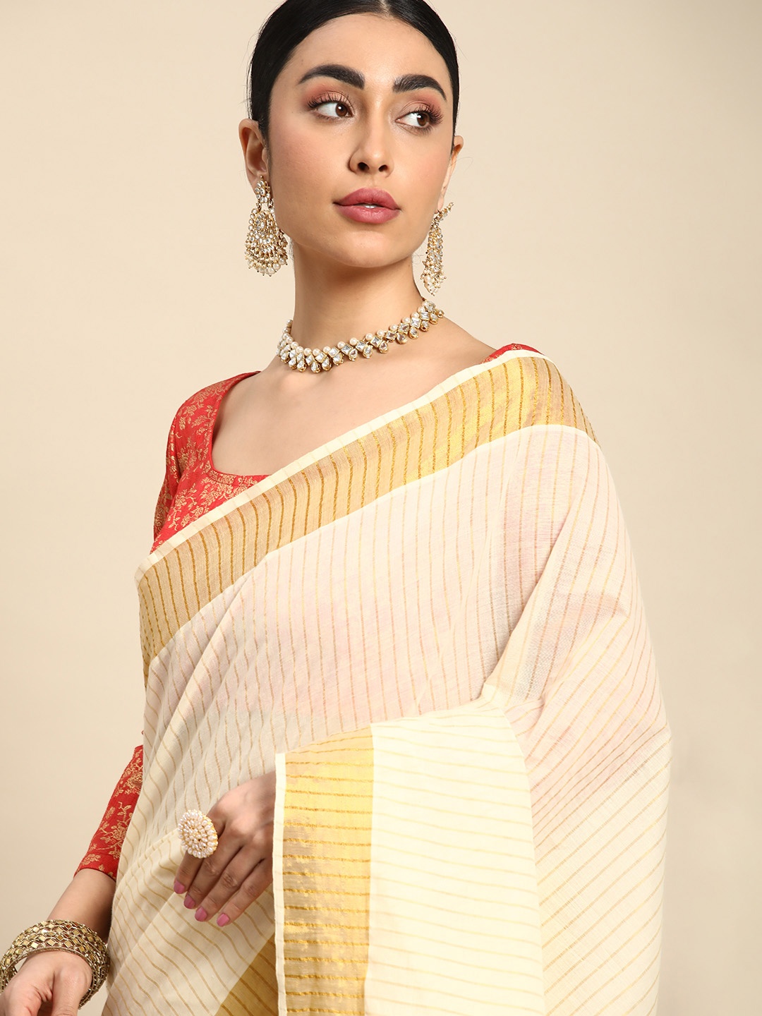 

Kalyan Silks Striped Zari Pure Cotton Kasavu Saree, Off white