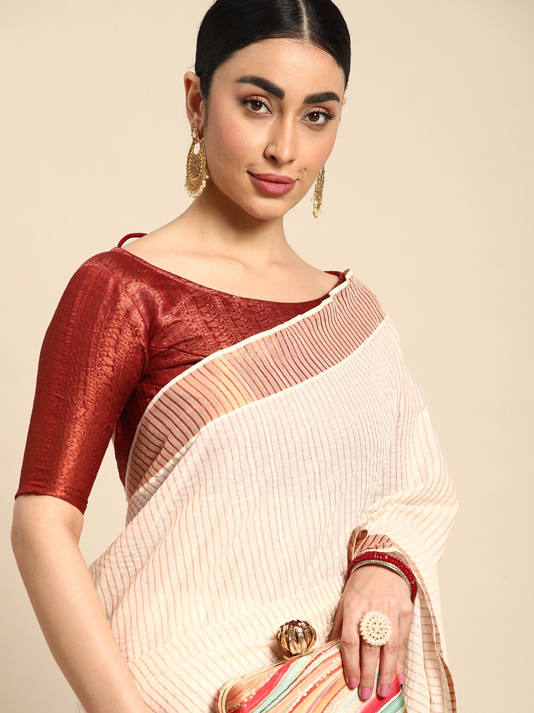 

Kalyan Silks Striped Zari Pure Cotton Kasavu Saree, Off white