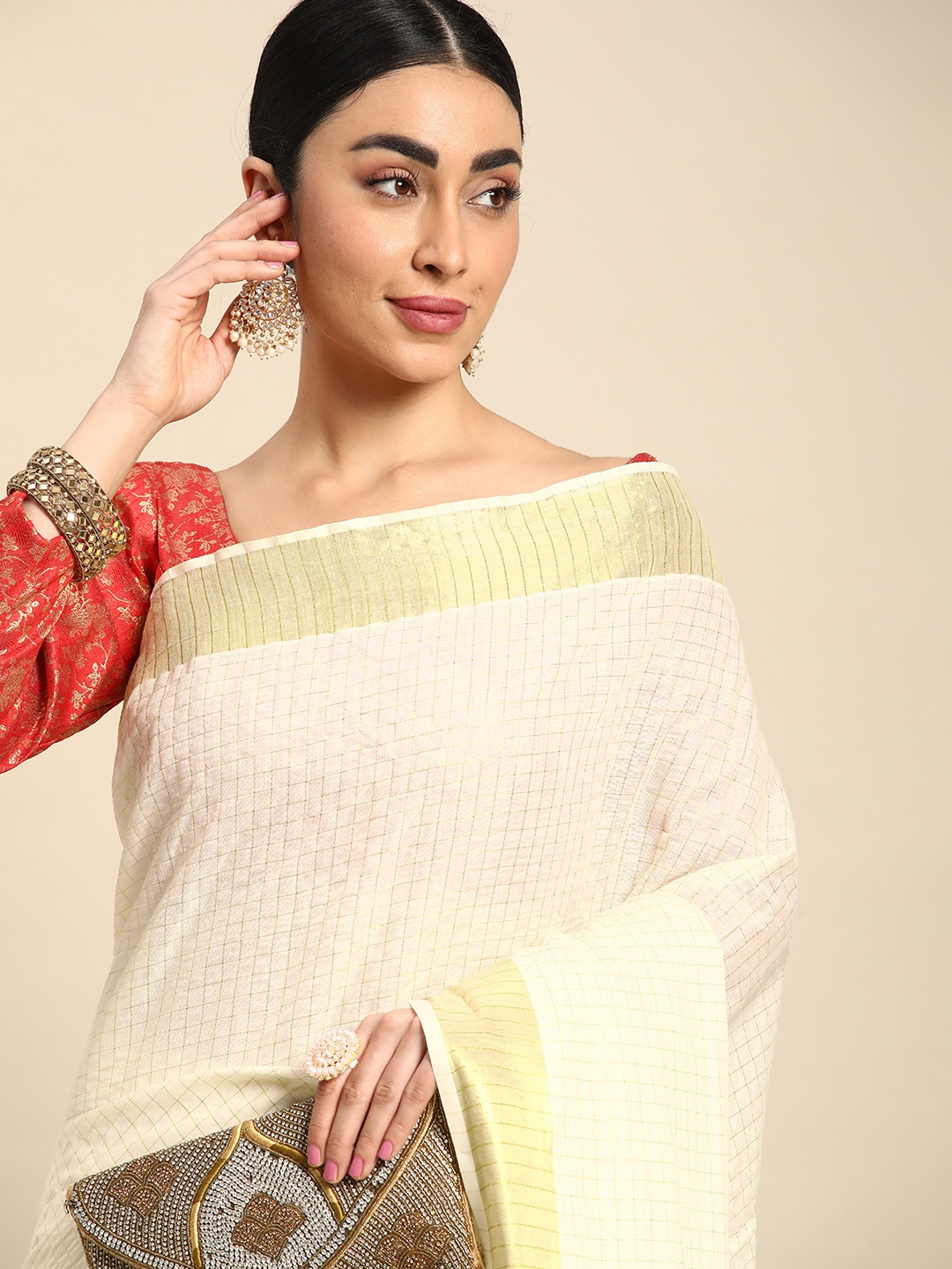 

Kalyan Silks Checked Zari Pure Cotton Kasavu Saree, Off white