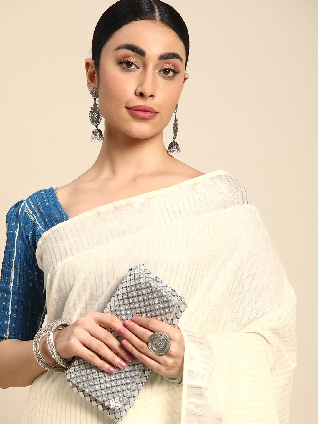 

Kalyan Silks Striped Zari Pure Cotton Kasavu Saree, Off white