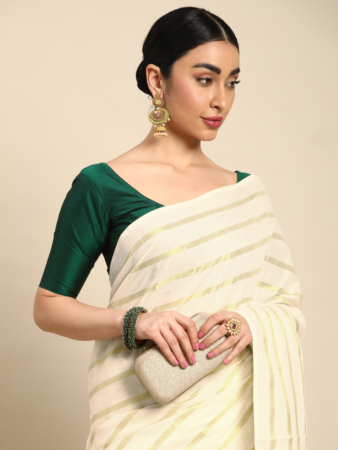 

Kalyan Silks Striped Zari Pure Cotton Kasavu Saree, Off white