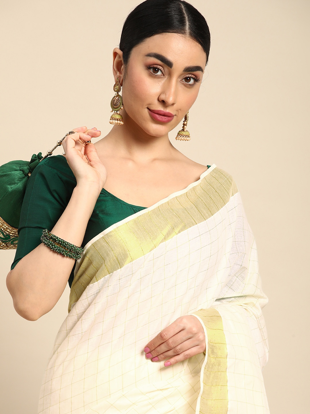 

Kalyan Silks Checked Zari Pure Cotton Kasavu Saree, Off white