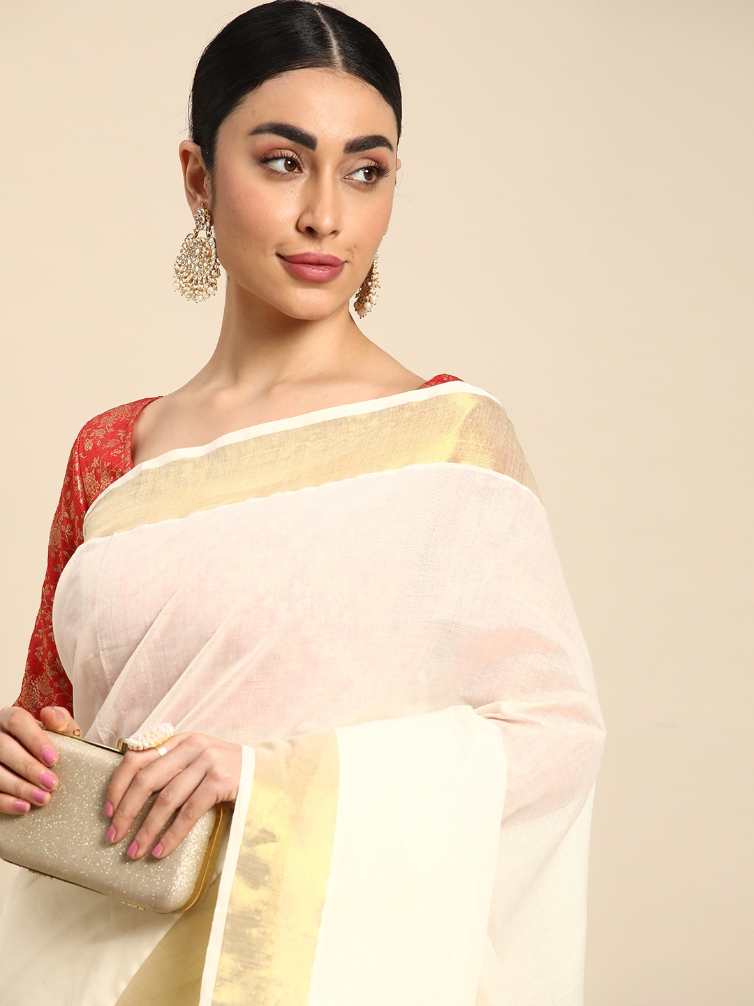 

Kalyan Silks Solid Zari Pure Cotton Kasavu Saree, Off white