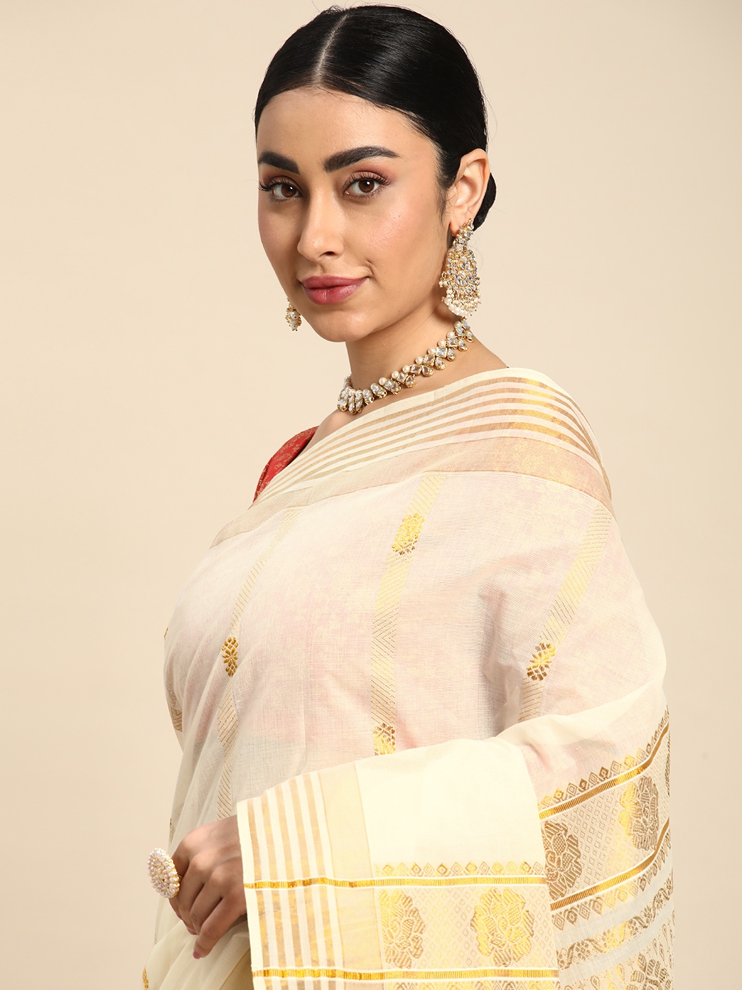 

Kalyan Silks Ethnic Motifs Zari Pure Cotton Kasavu Saree, Off white