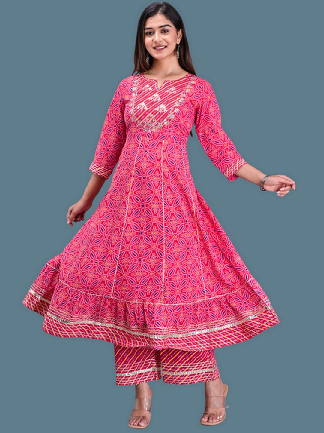 

EtnicaWear Ethnic Motifs Printed Anarkali Pure Cotton Kurta with Palazzos, Pink