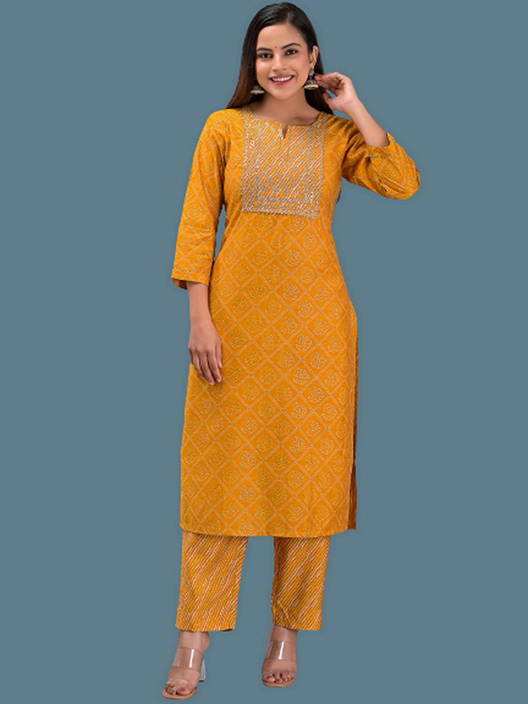

EtnicaWear Bandhani Printed Yoke Design Sequinned Pure Silk Kurta With Trousers, Mustard