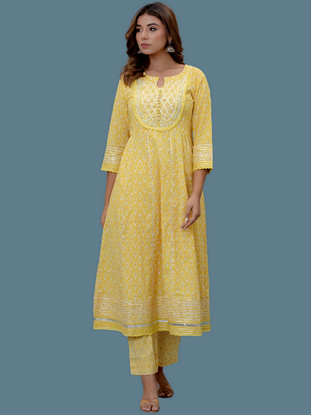 

EtnicaWear Ethnic Motifs Printed Anarkali Pure Cotton Kurta with Palazzos, Yellow