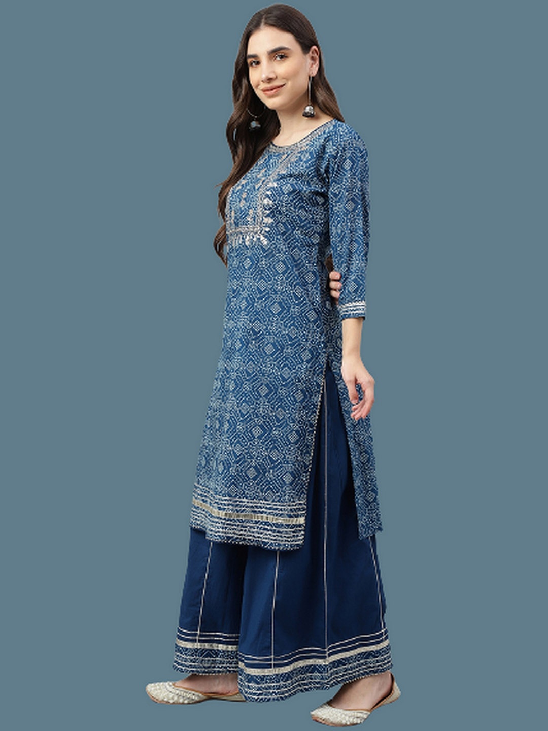 

EtnicaWear Bandhani Printed Gotta Patti Pure Cotton Kurta with Palazzos, Blue