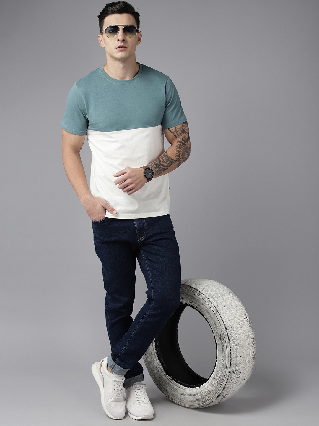 

Roadster Men Colourblocked Pure Cotton T-shirt, Teal