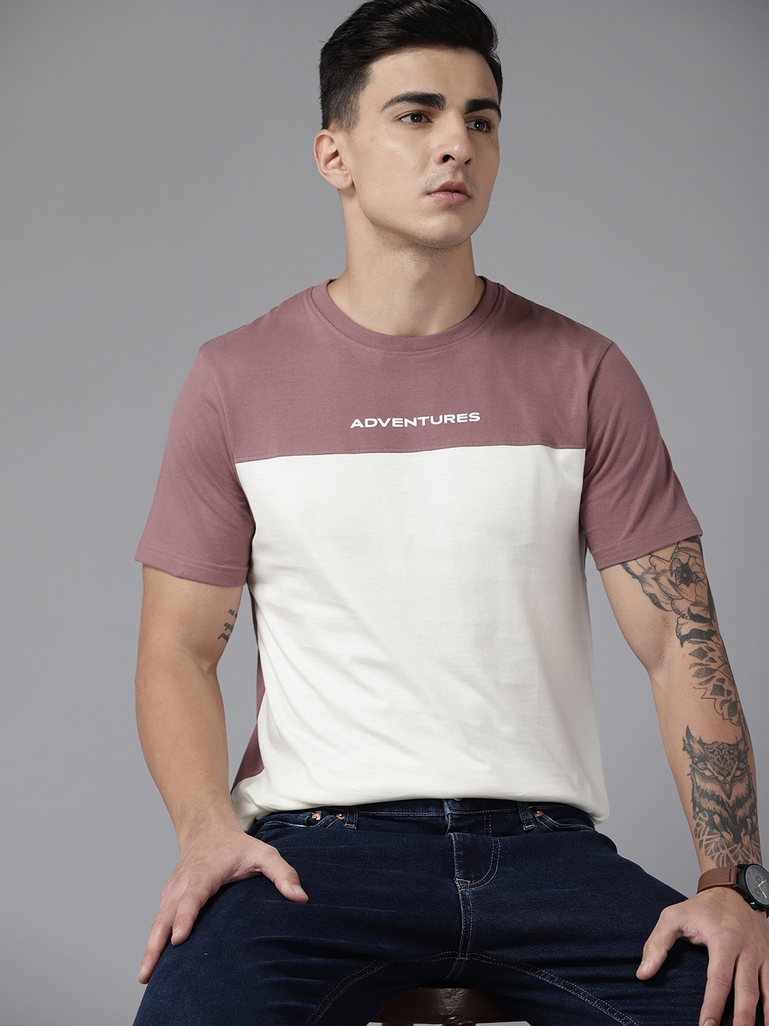 

Roadster Men Colourblocked Pure Cotton T-shirt, Mauve