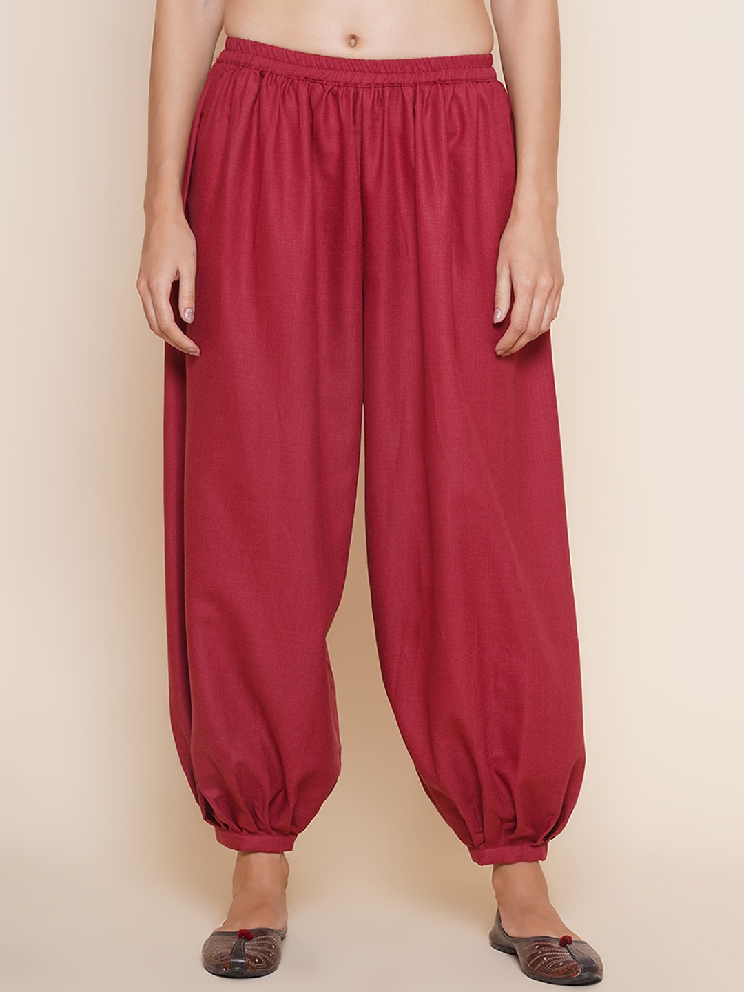 

Bhama Couture Women Flared Easy Wash Cotton Pleated Jodhpuris Trousers, Maroon
