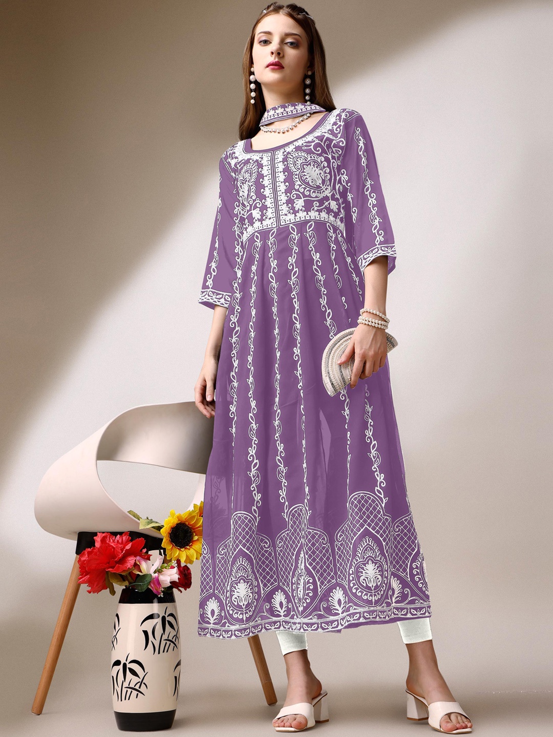 

FabFairy Ethnic Motifs Embroidered Chikankari A-line Kurta, Purple