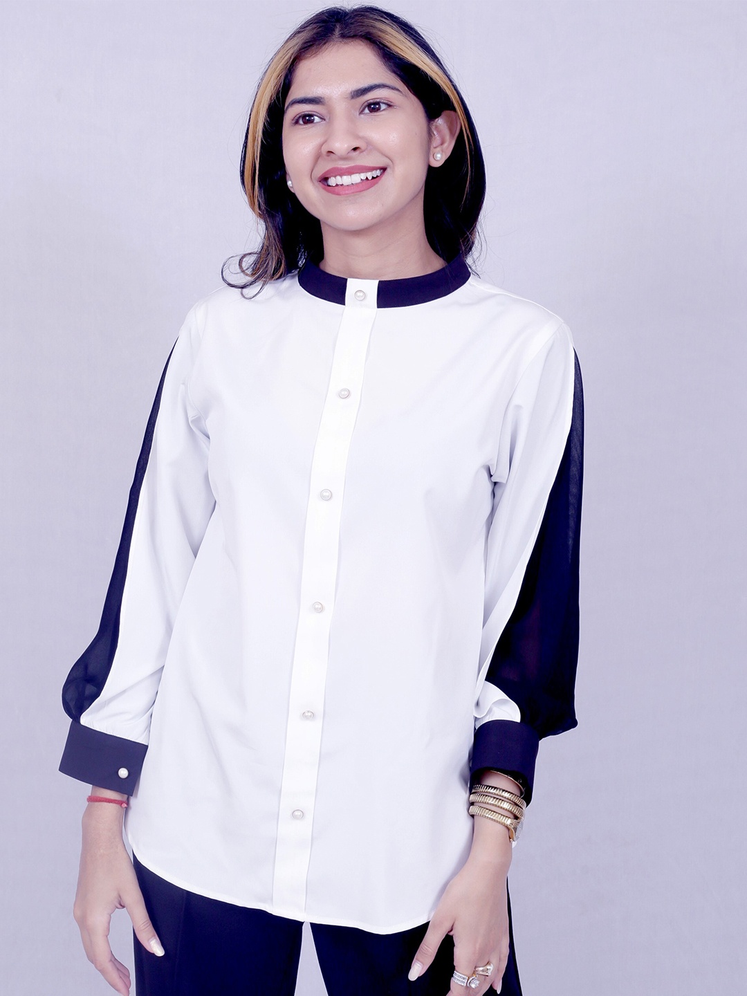 

Justin Whyte High Neck Crepe Shirt Style Top, White