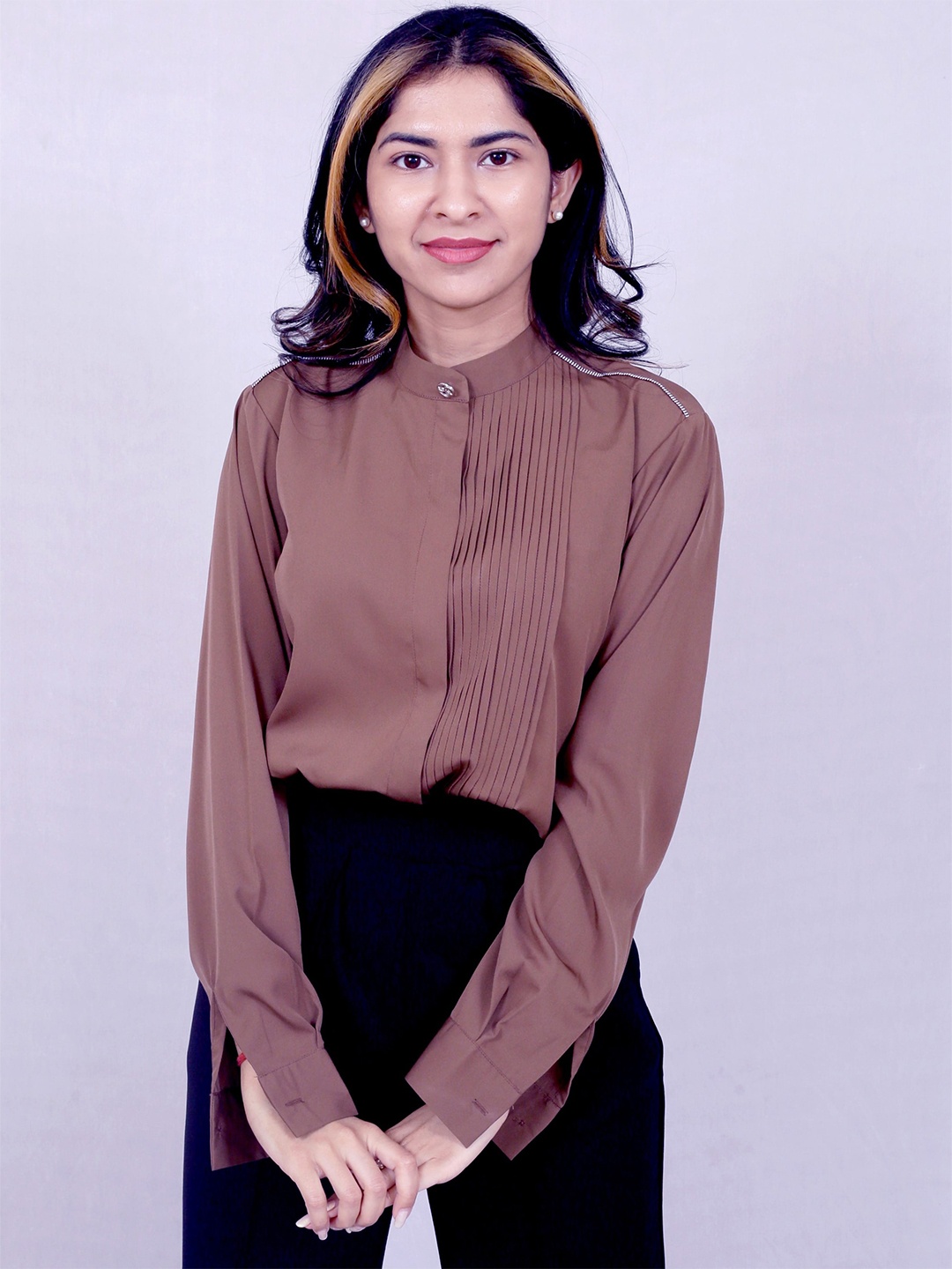 

Justin Whyte Mandarin Collar Crepe Shirt Style Top, Brown