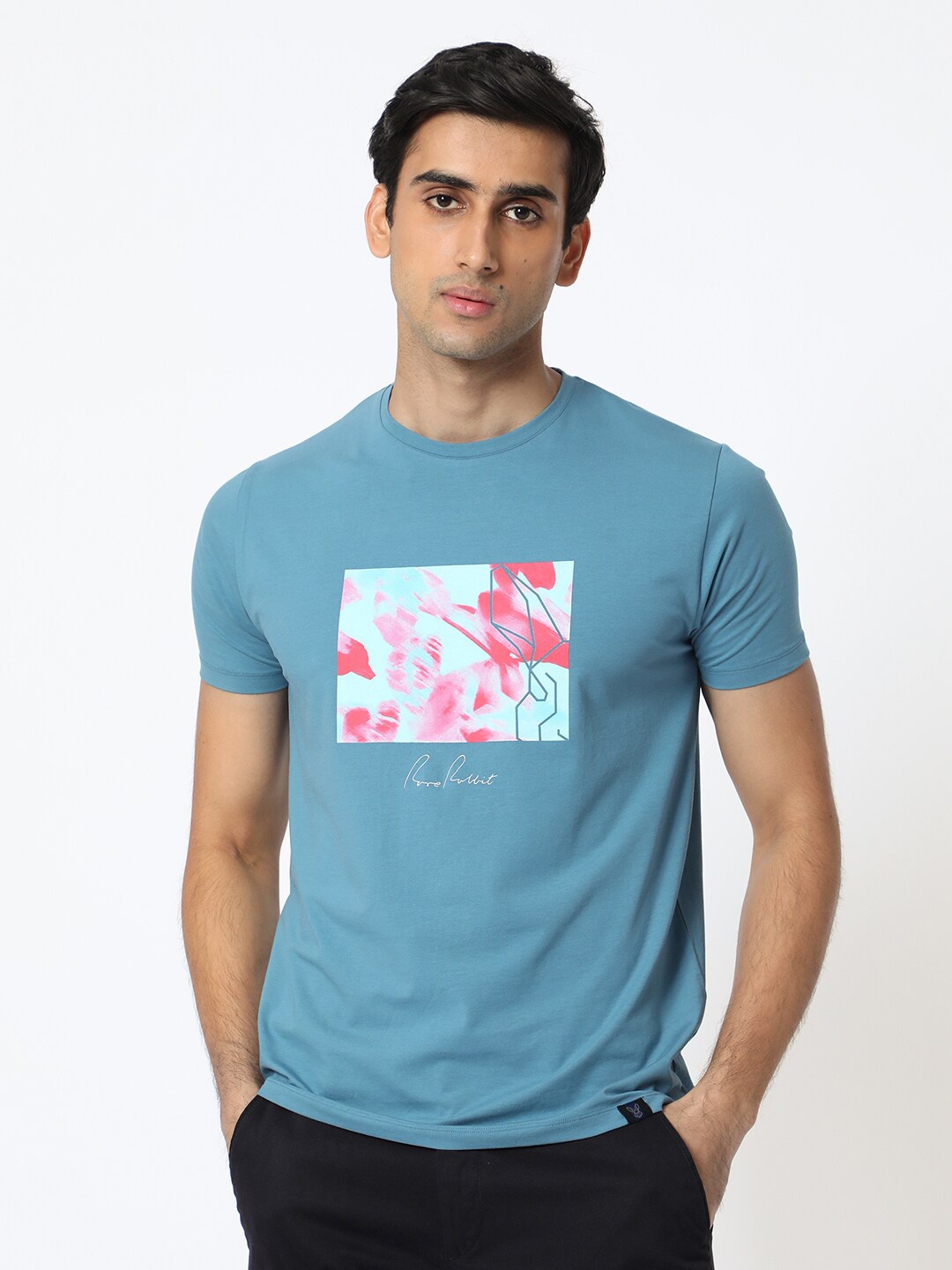 

RARE RABBIT Men Banday Abstract Printed Slim Fit Cotton T-Shirt, Blue