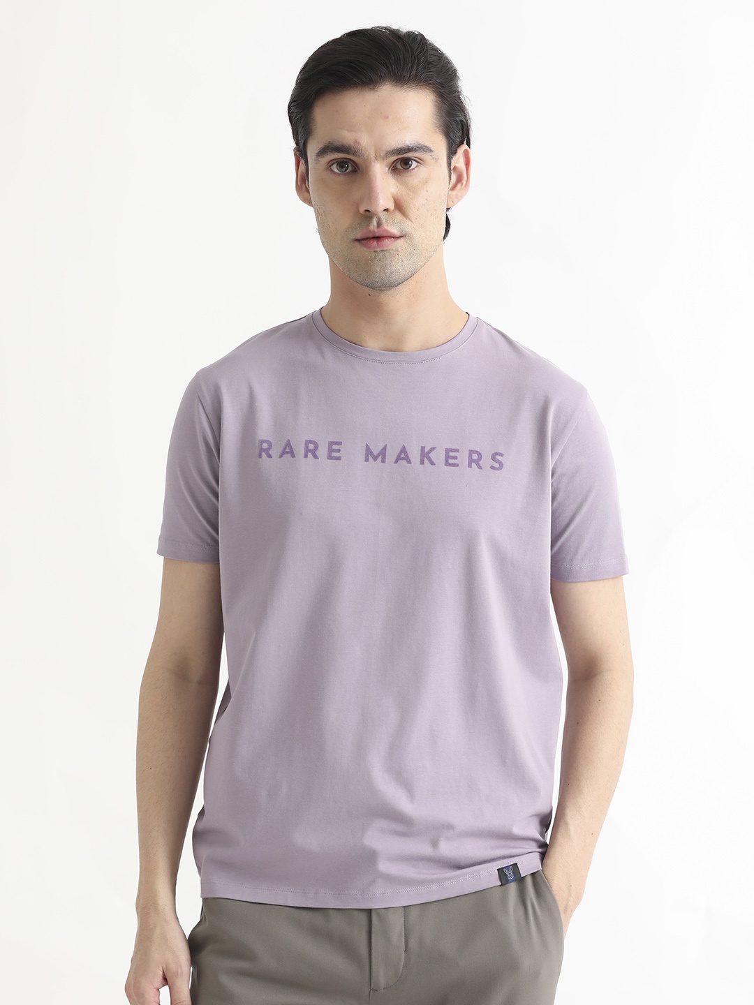 

RARE RABBIT Men Burke Typography Printed Slim Fit Cotton T-Shirt, Purple