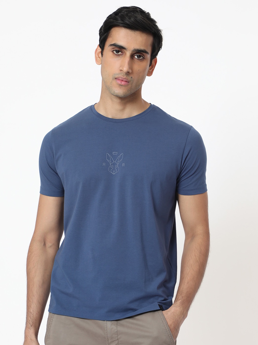 

RARE RABBIT Men Oval-1 Round Neck Slim Fit Cotton T-Shirt, Blue