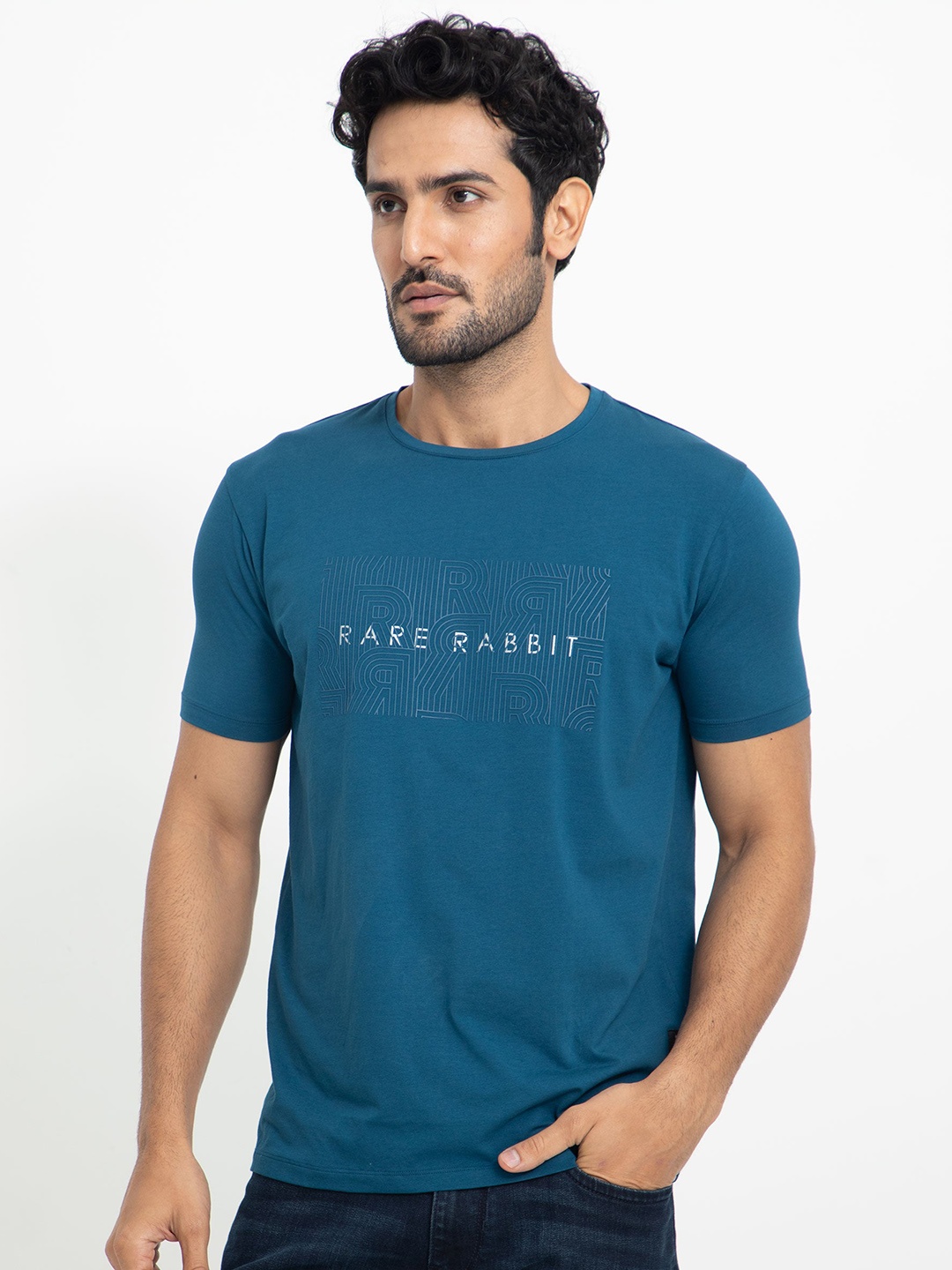 

RARE RABBIT Men Alanet Typography Printed Cotton Slim Fit T-Shirt, Teal